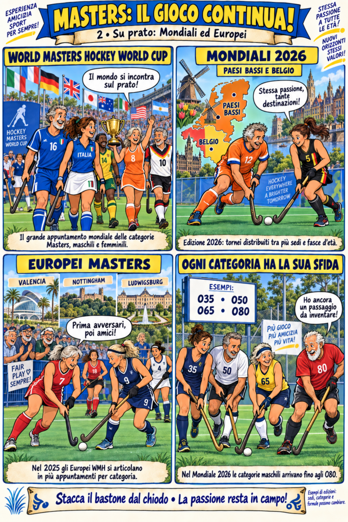Atleti Masters, una mappa di Paesi Bassi e Belgio e le sedi europee illustrano Mondiali, Europei e fasce d’età.