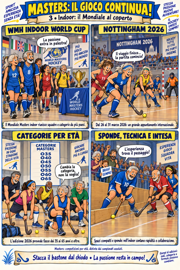 Scene di hockey Masters indoor mostrano la manifestazione di Nottingham 2026, le categorie d’età e un passaggio con la sponda.