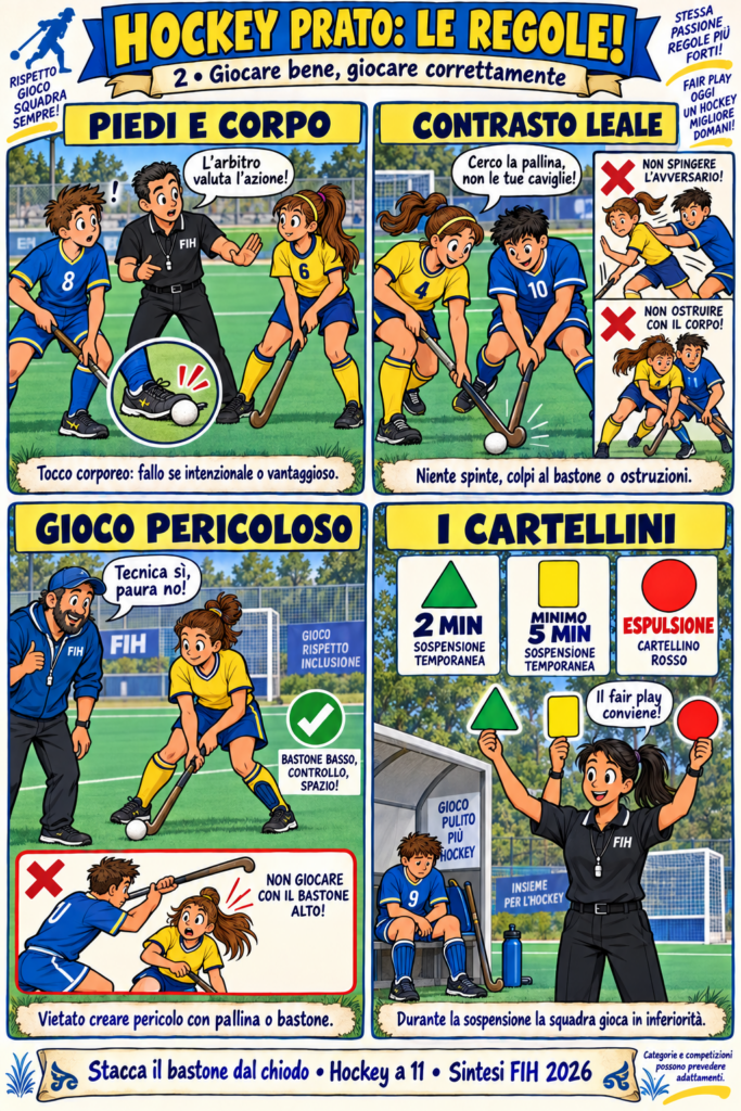 Un arbitro illustra i tocchi sul piede, i contrasti irregolari, il gioco pericoloso e i cartellini verde, giallo e rosso.