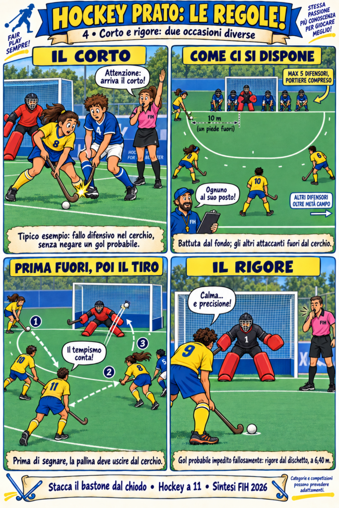 Schemi e vignette illustrano il corto, la posizione iniziale dei giocatori, l’uscita dal cerchio e il rigore dal dischetto.