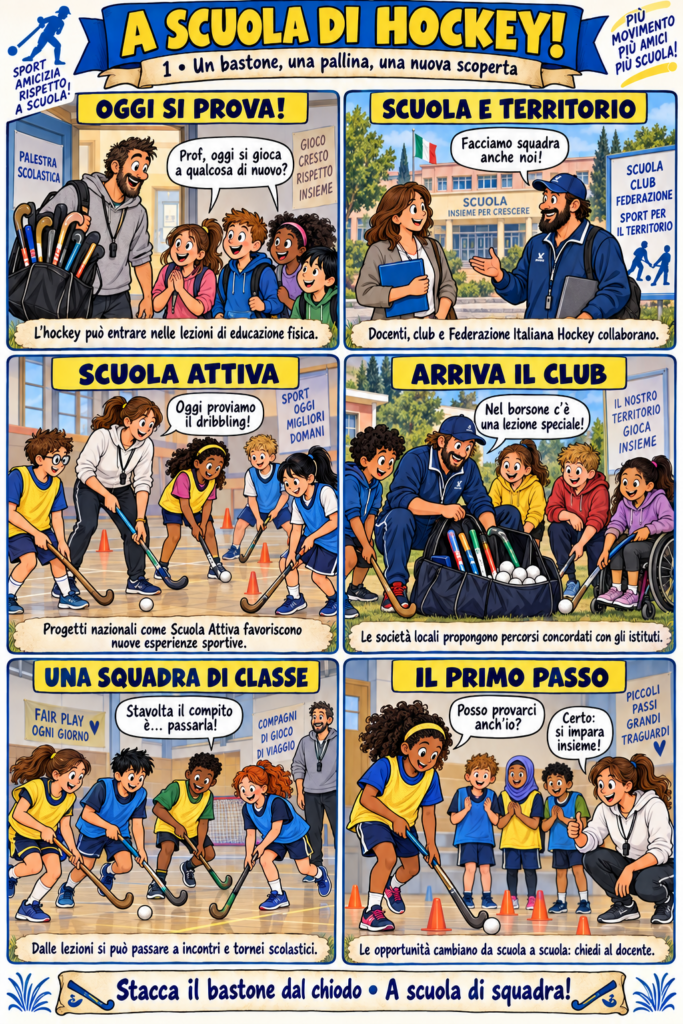 Sei vignette mostrano docenti, tecnici e alunni durante l’introduzione dell’hockey nella palestra scolastica.