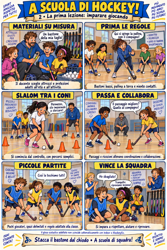 Alunni imparano l’hockey con materiali adatti, slalom tra coni, passaggi e piccole partite sotto la guida degli insegnanti.