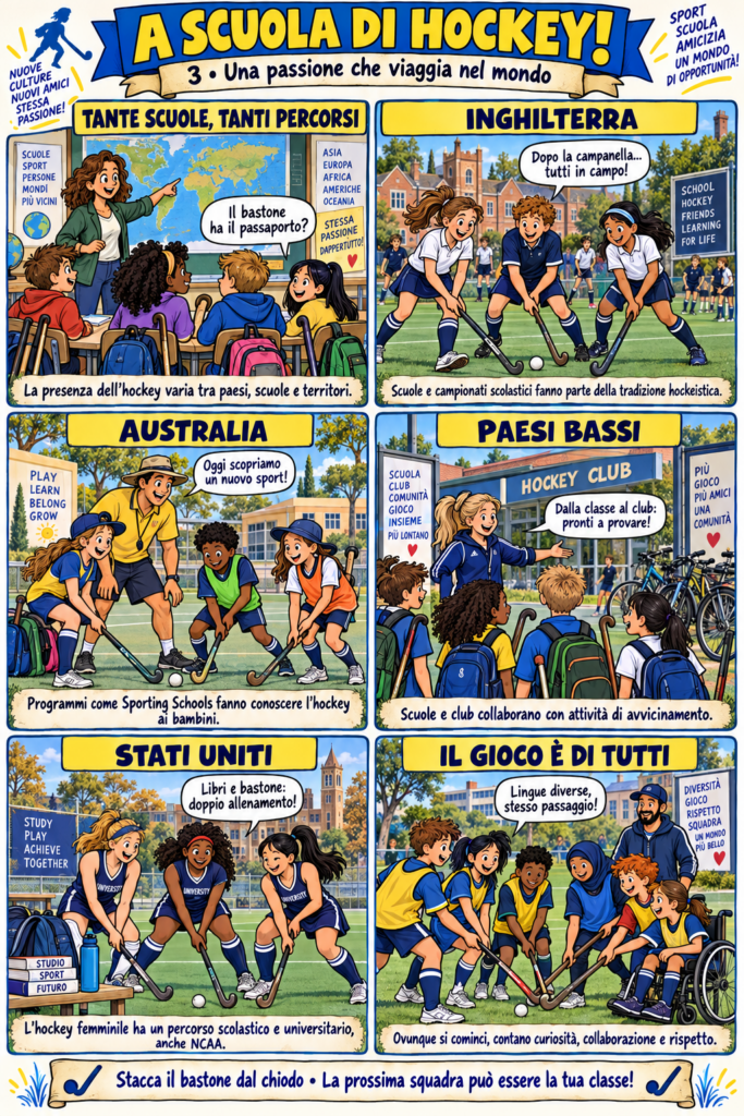 Vignette sull’hockey scolastico in Inghilterra, Australia e Paesi Bassi e sull’hockey universitario femminile negli Stati Uniti.