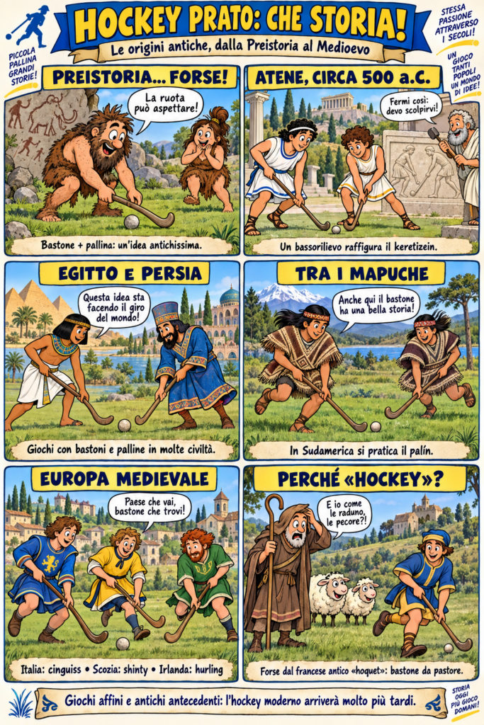 Sei vignette mostrano docenti, tecnici e alunni durante l’introduzione dell’hockey nella palestra scolastica.