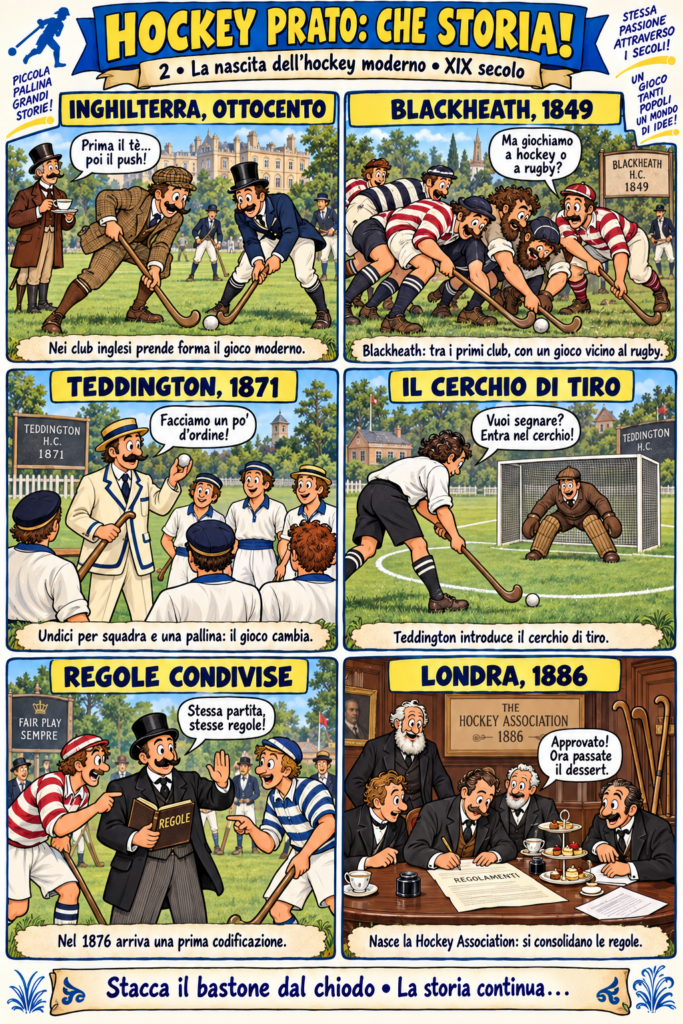 Gentiluomini e giocatori inglesi illustrano la nascita dei club, il cerchio di tiro e la definizione delle regole nell’Ottocento.