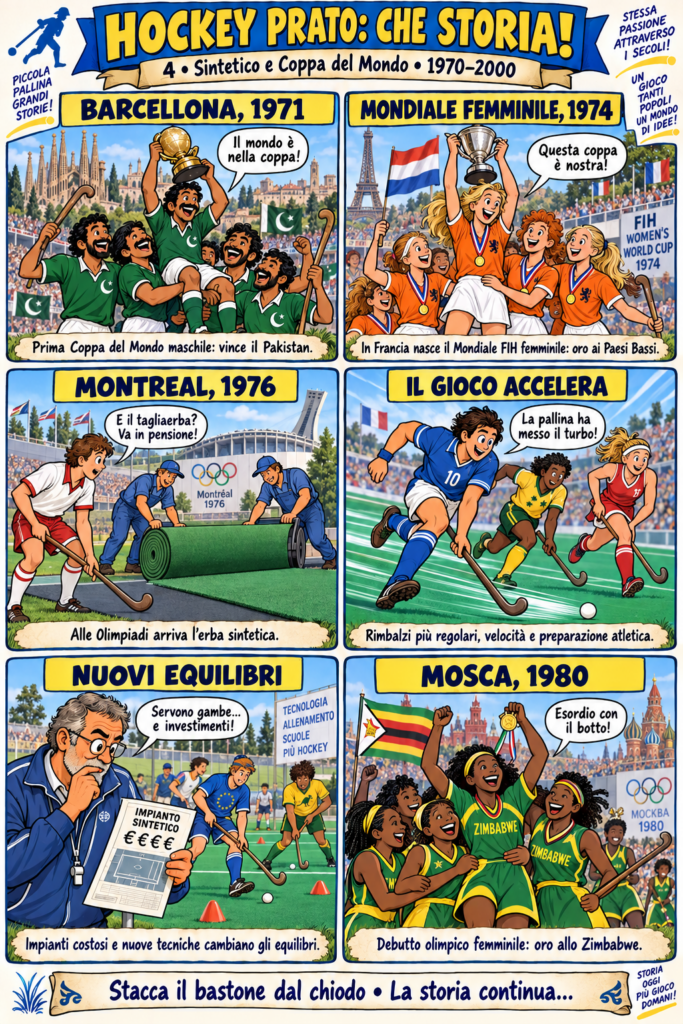 Sei vignette raccontano i primi Mondiali, l’introduzione del sintetico e l’oro olimpico femminile dello Zimbabwe nel 1980.