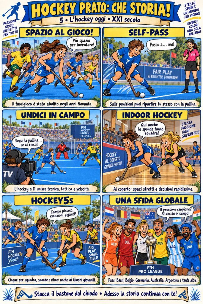 Giocatori e giocatrici illustrano self-pass, hockey a undici, indoor, Hockey5s e competizioni tra nazionali.