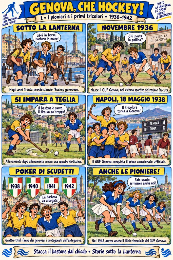 Studenti e giocatori genovesi raccontano l’avvio dell’hockey, la vittoria del 1938 e i primi titoli maschili e femminili.