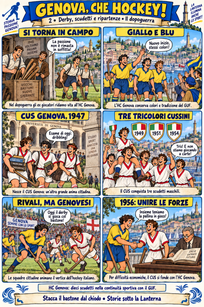 Le squadre HC Genova e CUS rivivono la ripartenza, i derby, i tre scudetti cussini e l’unione delle forze nel 1956.